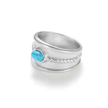 Load image into Gallery viewer, Silver vintage turquoise band ring featuring a wide engraved texture and centered turquoise stone, retro western statement style.
