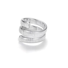 Load image into Gallery viewer, Silver spiral coil wrap ring with ribbed serpentine band and modern sculptural design.
