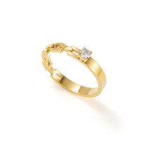 Load image into Gallery viewer, Gold CZ solitaire ring with delicate chain link detail band and modern minimalist design.
