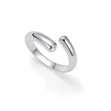 Load image into Gallery viewer, Silver adjustable open ring featuring dual cubic zirconia tips, sleek minimalist cuff style band.
