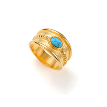 Load image into Gallery viewer, Gold vintage turquoise ring with wide textured band and oval turquoise center stone, bold boho statement jewelry.

