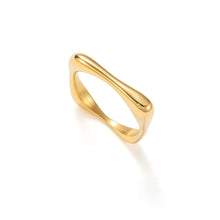 Load image into Gallery viewer, Modern minimalist gold sculptural wave band ring with fluid organic curves and asymmetrical contour design.
