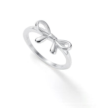 Load image into Gallery viewer, Minimalist silver bow ring featuring a delicate ribbon bow design on a slim band.
