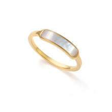 Load image into Gallery viewer, Gold mother of pearl inlay ring with elongated rectangular shell bar and modern minimalist band.
