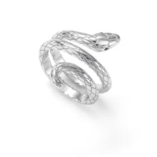 Load image into Gallery viewer, Detailed serpent snake ring showing scale texture and coiled wrap band in silver
