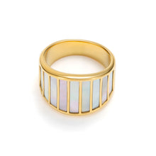 Load image into Gallery viewer, Wide gold mother of pearl strip ring with vertical shell inlay panels, modern signet style statement band featuring iridescent pearl bars.
