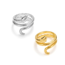 Load image into Gallery viewer, Sculptural snake wrap ring with serpent coil design and detailed scale texture in gold and silver
