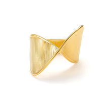 Load image into Gallery viewer, Modern gold infinity wave ring with sculptural crossover design and fine textured lines.
