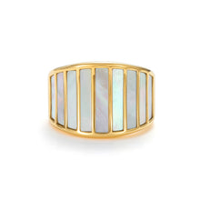 Load image into Gallery viewer, Wide gold mother of pearl strip ring with vertical shell inlay panels, modern signet style statement band featuring iridescent pearl bars.
