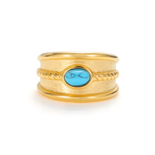 Load image into Gallery viewer, Gold vintage turquoise ring with wide textured band and oval turquoise center stone, bold boho statement jewelry.
