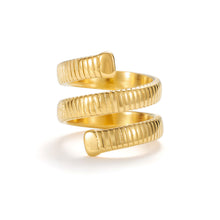 Load image into Gallery viewer, Gold spiral coil wrap ring with ribbed serpentine band and sculptural modern design.

