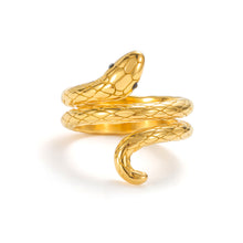 Load image into Gallery viewer, Gold snake wrap ring with textured serpent scale design and sculptural coil shape
