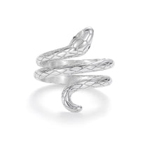 Load image into Gallery viewer, Silver serpent coil ring with textured snake scales and wrap design

