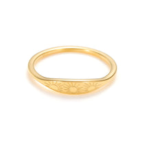 Load image into Gallery viewer, Minimalist gold ring with triple sun engraved design, dainty thin band with celestial sun motifs
