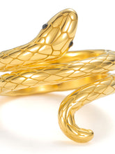 Load image into Gallery viewer, Close-up gold serpent ring with detailed scale texture and coiled snake design
