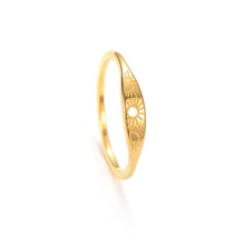 Load image into Gallery viewer, Dainty gold stacking ring with three sun engravings, minimalist thin band shown in angled side view
