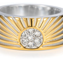 Load image into Gallery viewer, Close-up of dual-tone sunburst ring featuring textured gold silver rays and clustered CZ stones centerpiece

