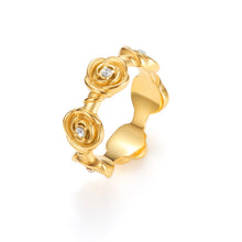 Load image into Gallery viewer, Gold sculptural rose ring with dimensional 3D floral design and sparkling cubic zirconia centers, bold stereoscopic flower band statement ring.
