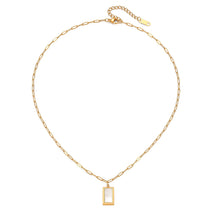 Load image into Gallery viewer, Framed Mother of Pearl pendant necklace featuring a radiant rectangular Mother of Pearl charm on a minimalist gold paperclip chain necklace.
