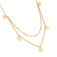 Load image into Gallery viewer, Layered Daisy Flower Charm Necklace with cascading floral charms on two gold chains, creating a dainty minimalist necklace inspired by a blooming meadow.
