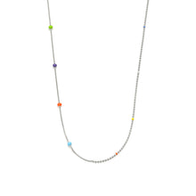 Load image into Gallery viewer, Close-up of the silver necklace highlighting colorful enamel bead accents, smooth snake chain, and polished ball chain in a modern everyday style.
