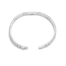 Load image into Gallery viewer, Silver Modern Minimalist Tile Link Hinged Bangle Bracelet opened to display the secure hinged clasp and smooth interior with sleek bar link detailing.
