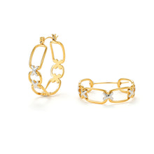 Load image into Gallery viewer, Front and angled view of two-tone X-link hoop earrings with polished gold elongated links and silver X-shaped connectors, creating a bold modern statement earring.
