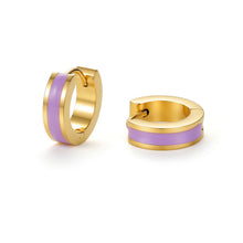 Load image into Gallery viewer, Lilac enamel huggie hoop earrings featuring a polished gold finish and a contemporary minimalist design.
