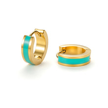 Load image into Gallery viewer, Turquoise enamel huggie hoop earrings with a polished gold finish, adding a vibrant pop of color to everyday jewelry.
