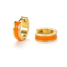 Load image into Gallery viewer, Orange enamel huggie hoop earrings with a polished gold finish, featuring a sleek minimalist design for everyday wear.
