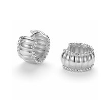 Load image into Gallery viewer, Silver Bead Edge Bubble Huggie Hoop Earrings shown from an angled view, highlighting the sculptural bubble design, bead-edge trim, and ribbed ridges.
