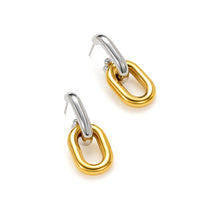 Load image into Gallery viewer, Mixed metal oval link drop earrings with polished silver and gold elongated oval links, showcasing a contemporary geometric silhouette.
