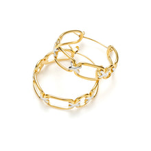 Load image into Gallery viewer, Pair of mixed metal X-link hoop earrings with gold elongated links and silver X connectors, showcasing a contemporary geometric open-link style.
