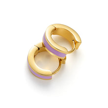 Load image into Gallery viewer, Lilac enamel gold huggie hoop earrings with a polished finish, contemporary style, and secure hinged hoop closure.
