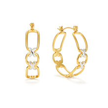 Load image into Gallery viewer, Two-tone X-link hoop earrings featuring polished gold elongated links connected by contrasting silver X-shaped accents in a modern mixed metal design.
