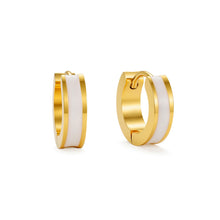 Load image into Gallery viewer, White enamel gold huggie hoop earrings featuring a clean minimalist silhouette with a polished finish and hinged closure.
