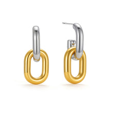 Load image into Gallery viewer, Two-tone oval link drop earrings featuring polished silver and gold interlocking oval links in a modern geometric statement design.
