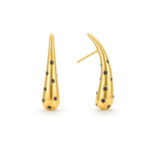 Load image into Gallery viewer, Modern gold statement earrings featuring black cubic zirconia accents on a polished teardrop-shaped stud design.
