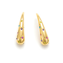 Load image into Gallery viewer, Gold statement stud earrings featuring multicolor cubic zirconia stones in a sleek elongated teardrop silhouette.
