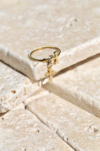 Gold Crossed Engrave CZ Ring