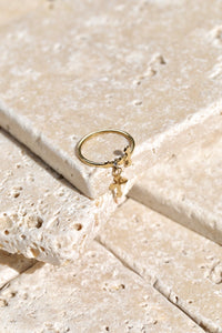 Gold Crossed Engrave CZ Ring