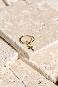 Gold Crossed Engrave CZ Ring